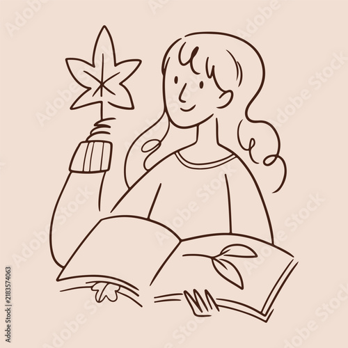 Whimsical woman reading a book and holding an autumn leaf, hand drawn Scandinavian minimalist line sketch illustration