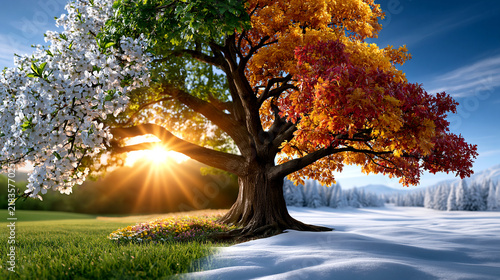A surreal four-seasons tree changing from spring to winter with sunrise