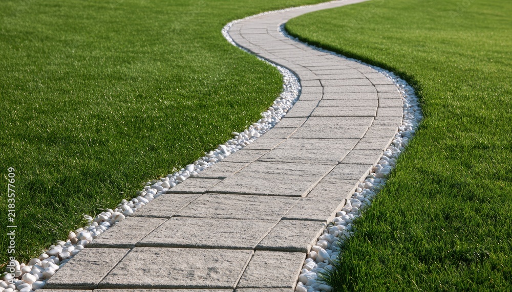 Obraz premium A winding stone path curves through lush green grass, bordered by white pebbles