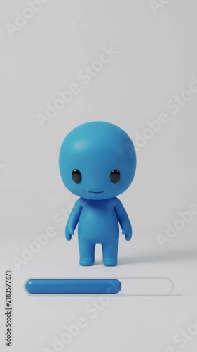 Cute 3D Blue Character Watching Loading Progress Bar Fill Up Status