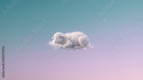 A serene fluffy sheep shaped cloud resting peacefully in a soft dreamy pastel sky depicting a tranquil surreal dreamlike atmosphere for relaxation