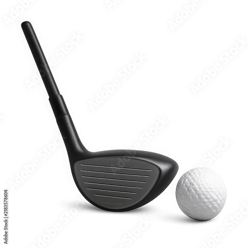 Black golf club head positioned next to a white ball on a white background.