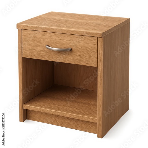 Wooden nightstand with a drawer and open shelf for bedroom furniture.