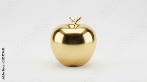 A single shiny golden apple sculpture isolated against a clean white studio background representing luxury and minimalist artistic fruit design