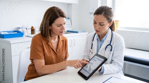Female doctor explaining medical results to a woman patient using a digital tablet in a modern clinic office