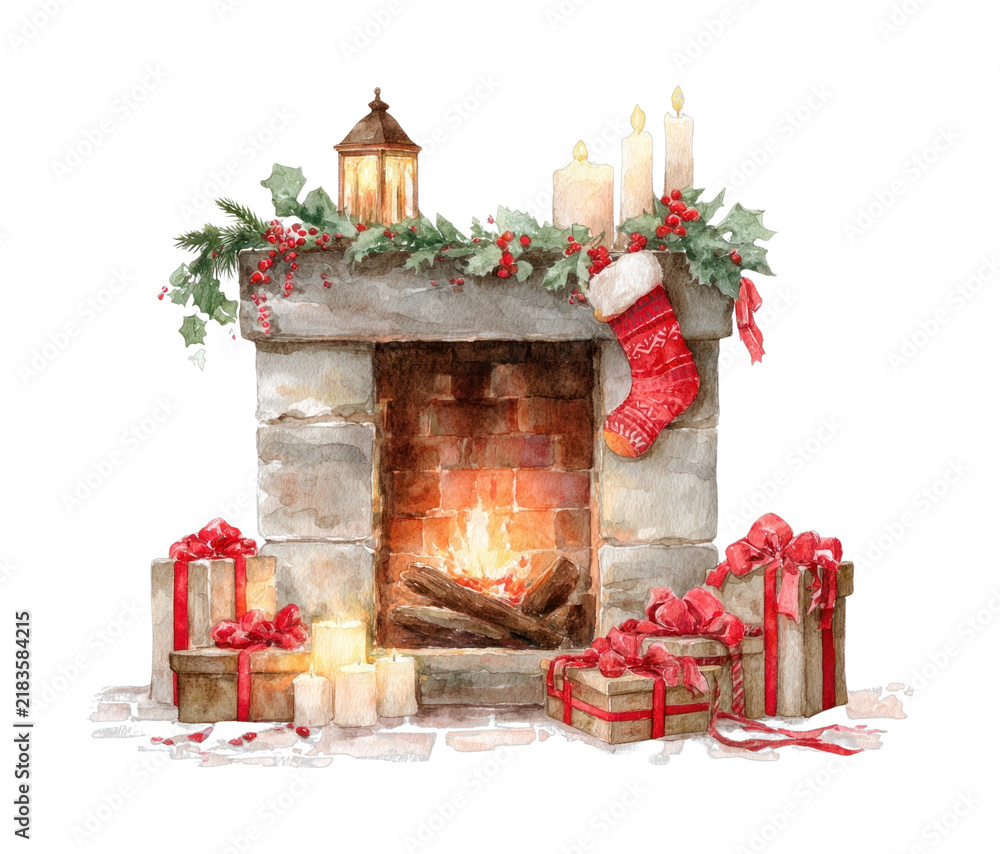 Obraz premium PNG Cozy festive fireplace scene illustration.