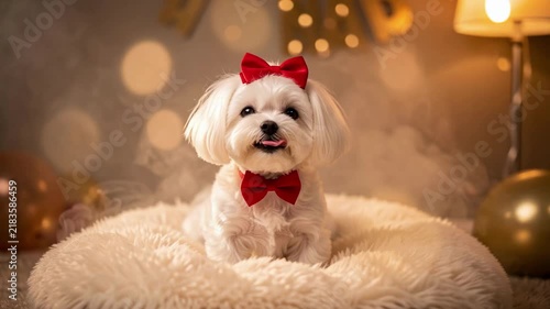 Festive White Puppy Portrait with Red Bow.