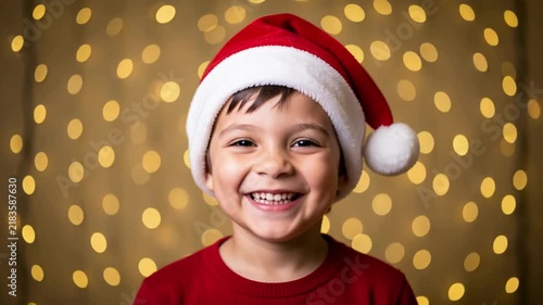 Smiling Boy in Santa Hat with Festive Lights.