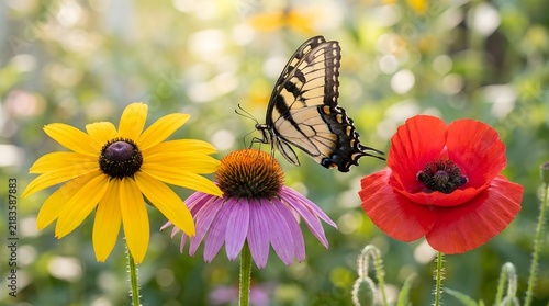 Swallowtail butterfly perched on vibrant wildflowers in a sunlit garden setting