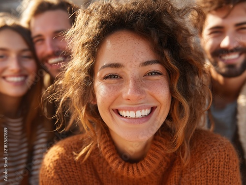 Smiling woman surrounded by diverse group of young adults celebrating friendship and community spirit