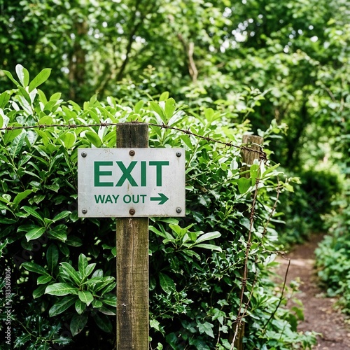 Outdoor Forest Trail Exit Sign Amidst Lush Greenery
