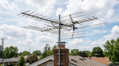 Outdoor Television Antenna On A Chimney Under A Cloudy Sky