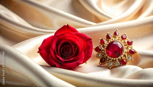Red rose with ruby gold brooch on silk