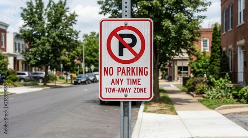 No Parking Sign In A Residential Urban Street Setting With Trees And Buildings