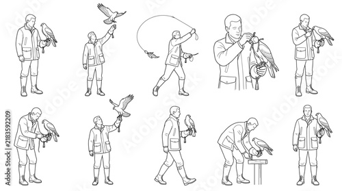 Falconer handling hawk Line Art Set Vector Designs