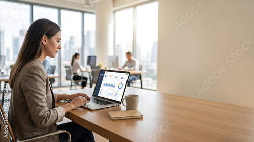 Focused young female professional analyzing financial data and business analytics on laptop in modern bright office interior with cityscape view and colleagues working in the background.