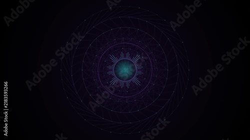 Abstract Dark Background Featuring a Glowing Central Teal Orb Surrounded by Intricate Geometric Fractal Rings and Cosmic Particle Patterns