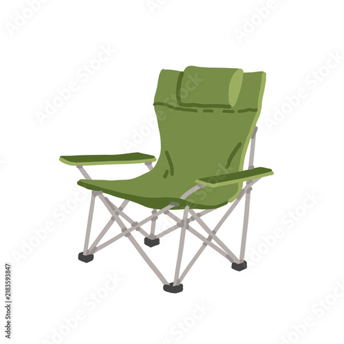 Green folding camping chair. Portable lightweight outdoor seat for picnic or fishing. Hand drawing flat vector illustration. Isolated clipart