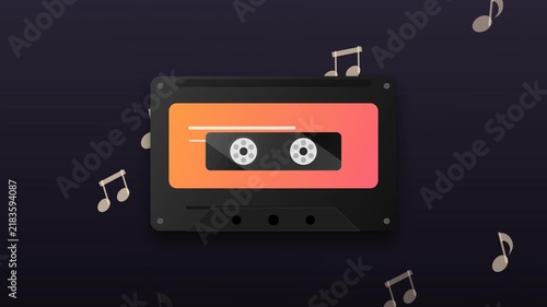 Retro Analog Audio Cassette Tape Illustration with Floating Musical Notes for Vintage Music Concept and Creative Media Projects