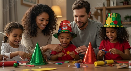 Festive Family Crafting: A joyous family gathers around a table, adorned with colorful party hats, engaging in a fun-filled crafting session with their children, creating festive decorations.