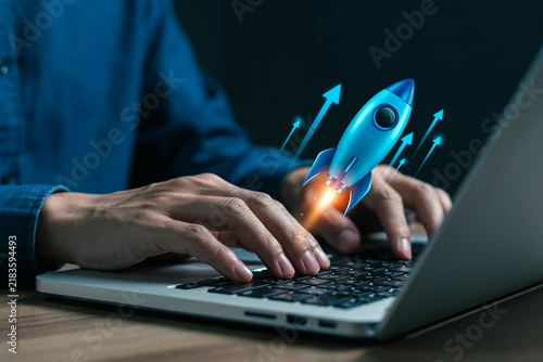 Innovative business growth strategy depicted with glowing blue startup rocket icon.