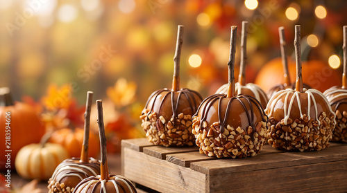 Gourmet caramel apples with chocolate drizzle and crushed nuts on a rustic wooden crate, set against a warm autumn background with pumpkins and golden bokeh lights.