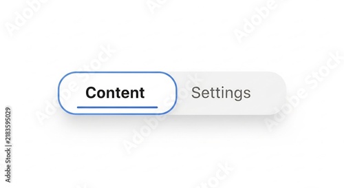 Content and Settings Toggle Switch: A modern toggle switch interface displaying two options: 'Content' highlighted and 'Settings' inactive, representing a user interface element.