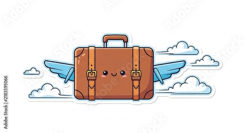 Flying Suitcase Adventure: A whimsical brown suitcase with a cute smiling face and blue wings soars through a sky dotted with fluffy white clouds, ready for an exciting journey.