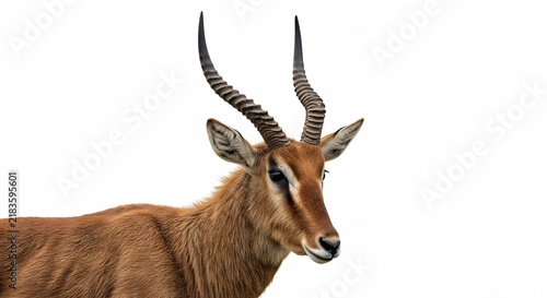 Impala Close-Up: Majestic impala with elegantly curved horns stands proud against a clean white background, showcasing its refined features and wild spirit.