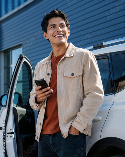Man holding smartphone by car with door open