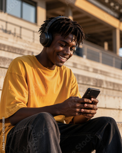 Smiling young person with headphones and phone on steps