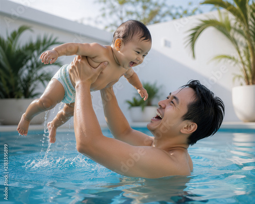 Father lifting cheerful baby out of clear swimming pool