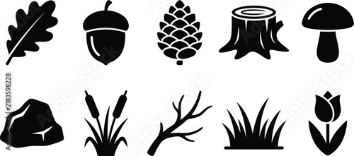 Set of black and white nature and forest themed icons.