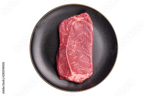 Foto Fresh raw Rump beef steak isolated on white background. top view