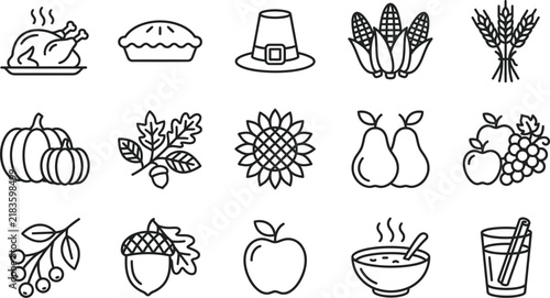 Set of Thanksgiving holiday icons featuring traditional food and harvest symbols in line art style.