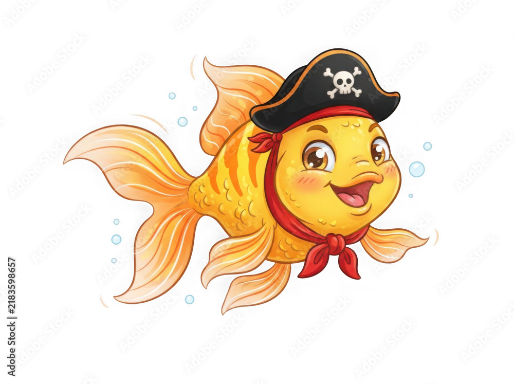 Fototapeta premium Cartoon goldfish wearing pirate hat isolated on transparent