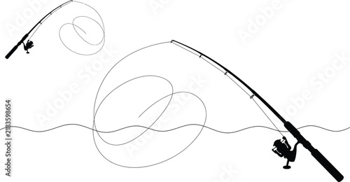Black and white silhouette illustration of fishing rods with lines casting into water.