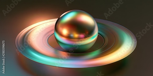 Iridescent orb atop metallic ring with soft, glowing background