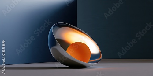 Reflective ovoid sculpture with glowing orange interior against dark blue backdrop