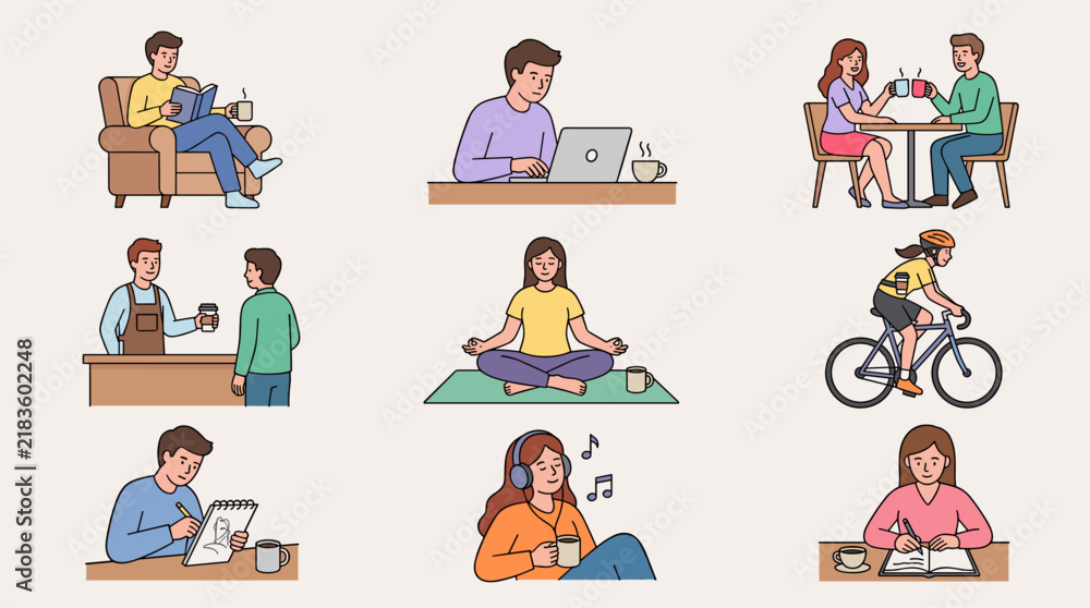 Fototapeta premium Flat design vector icon set showing people enjoying coffee and daily activities like reading, working, and cycling.