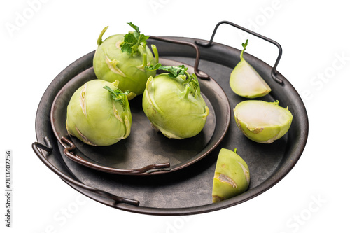 Konstfotografi Raw kohlrabi on steel tray, Vegetable from Organic farm isolated on white backround