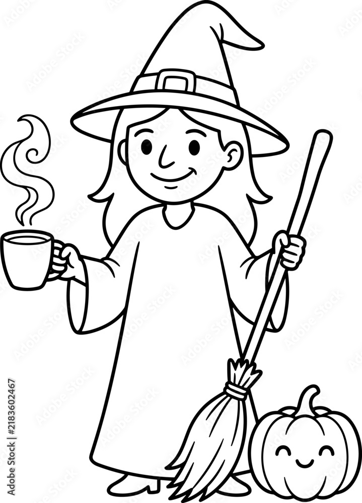 Fototapeta premium Friendly witch holding a steaming cup and broomstick, with a smiling pumpkin nearby, line art illustration