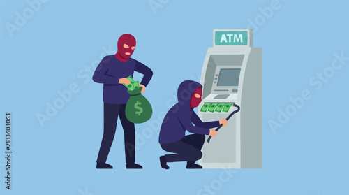 Obraz na plátne Two masked robbers breaking into an ATM machine and stealing cash