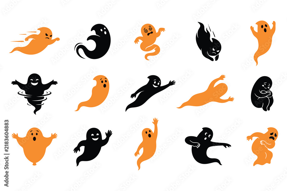 Fototapeta premium Collection of cute cartoon ghosts in black and orange colors for halloween celebration and party design elements