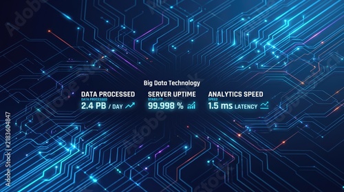 Big data technology dashboard with server uptime and analytics speed metrics. Digital circuit board background with blue glowing data processing lines.