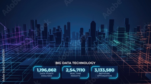 Big data technology concept with digital city skyline, real-time insights dashboard, futuristic network optimization analytics