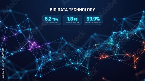 Big data technology background, digital network connection with analytics dashboard, futuristic blue glowing mesh for cloud computing