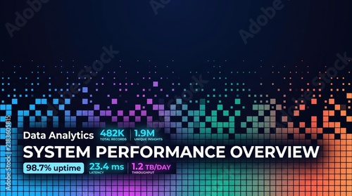 Data analytics system performance overview dashboard, digital information technology background, colorful pixelated data visualization