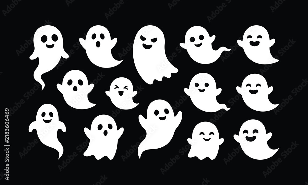 Obraz premium Collection of cute white ghosts with various facial expressions isolated on a black background