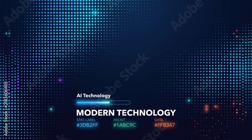 Modern AI technology background with digital halftone dots. Futuristic data visualization interface. Blue glowing tech wallpaper.